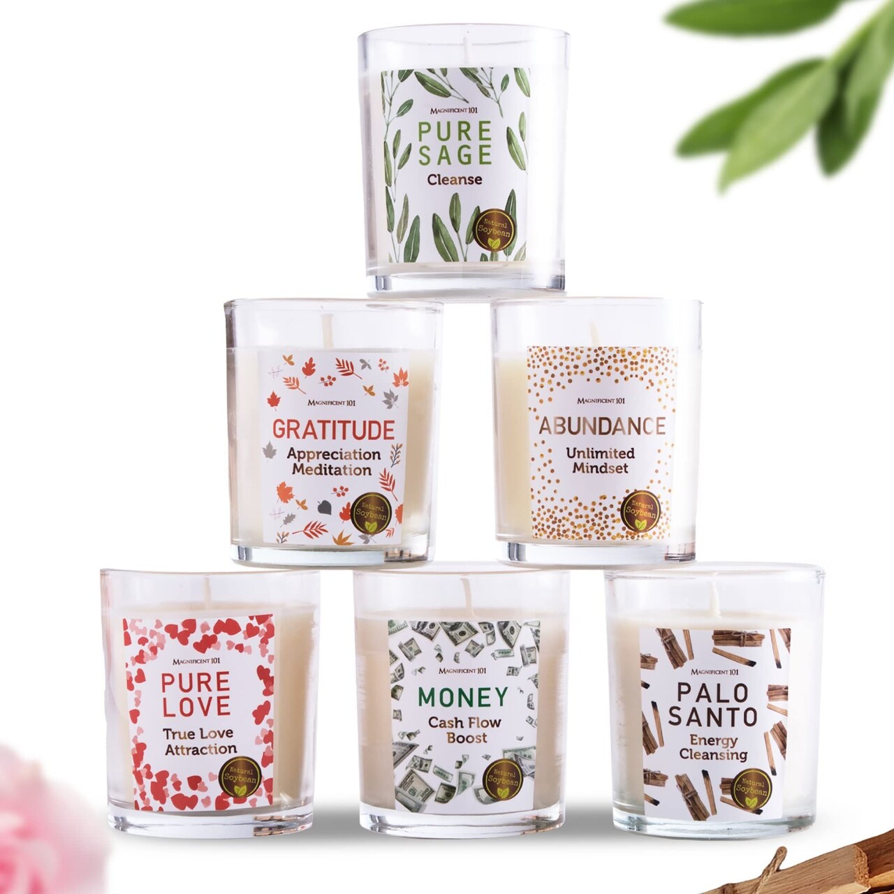 Magnificent 101 Long-Lasting Manifestation & Intention Aromatherapy Candles - Set of 6 | 21 Oz - 84-Hour Burn | 100% Soy Wax - Pure Sage, Gratitude, Abundance, Pure Love, Money, & Palo Santo